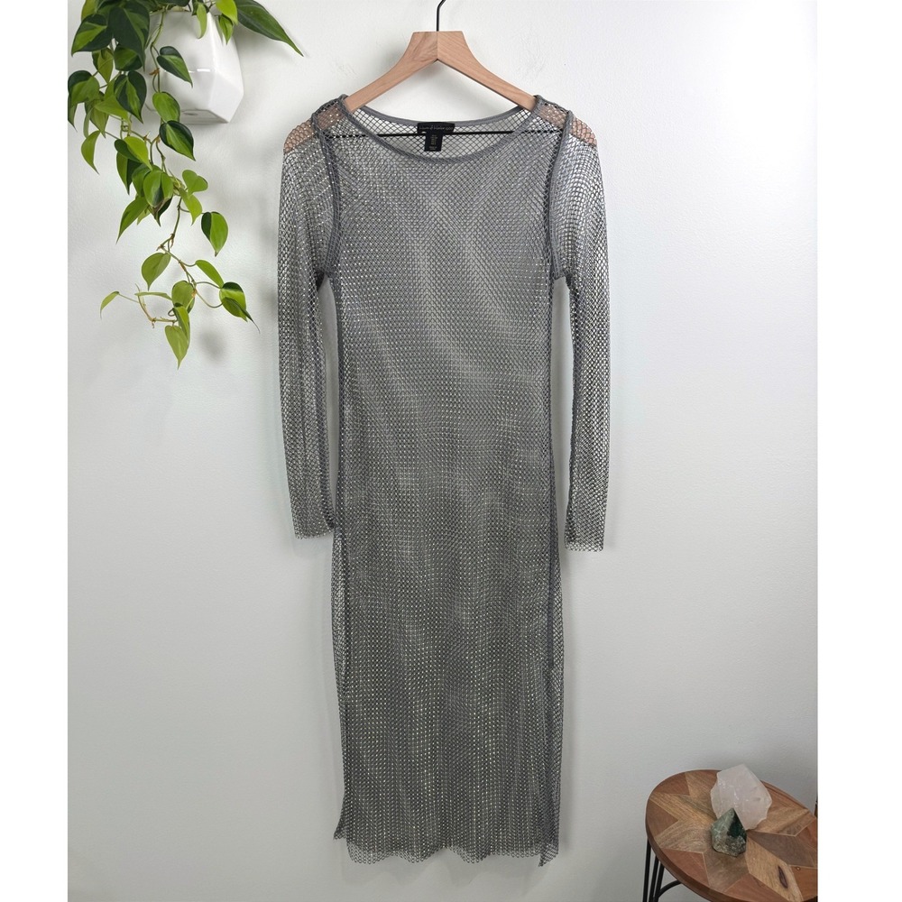 House of Harlow 1960 Silver Mesh Rhinestone Long Sleeve Midi Dress S Glam Party